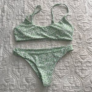 shein neon green animal print bathing suit set (size medium)